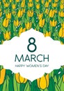 Greetings card with tulips, vertical format. International womenÃ¢â¬â¢s day. 8 march.